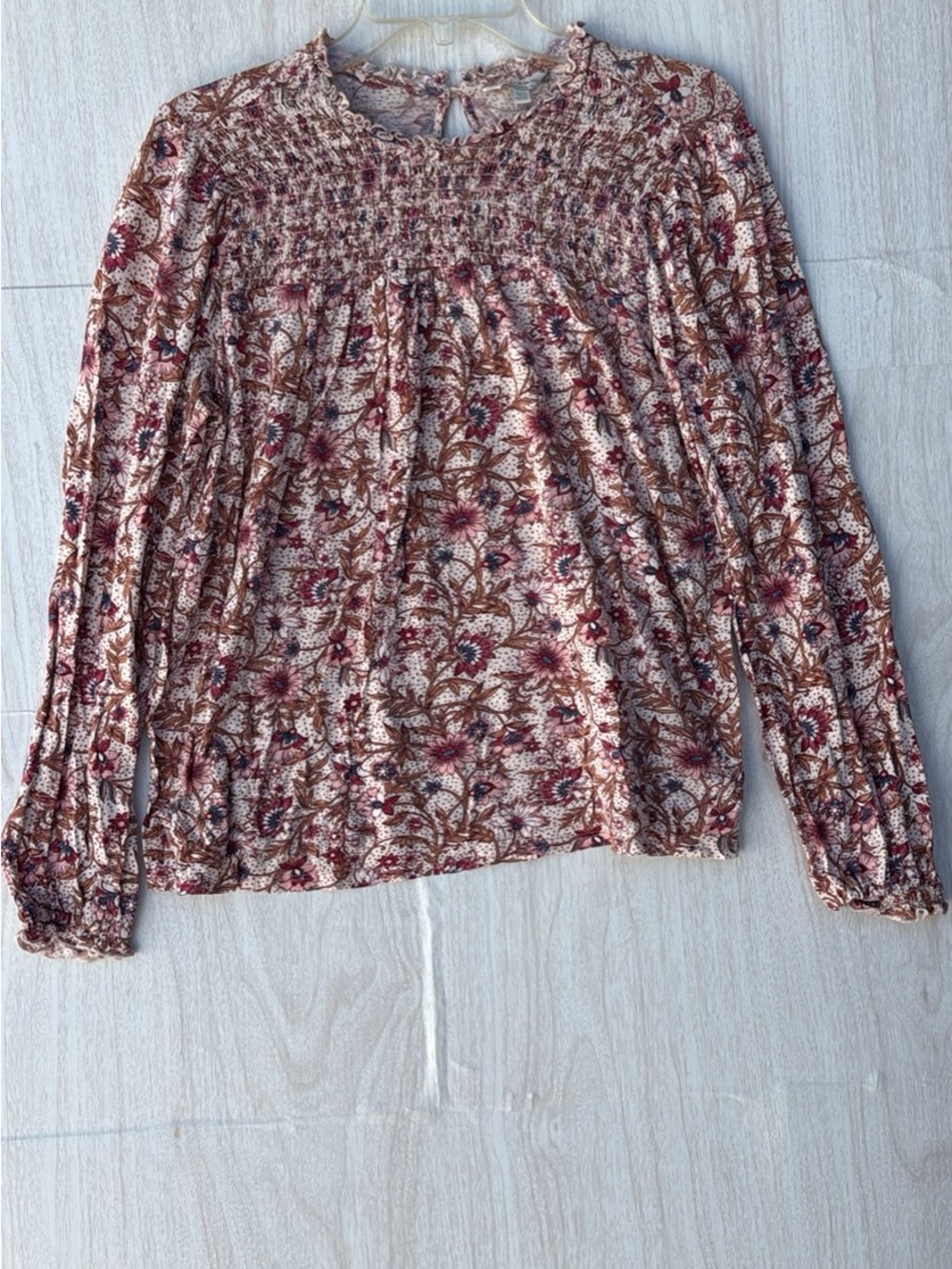 Lucky Brand Floral Smocked Peasant Blouse in Pink and Brown